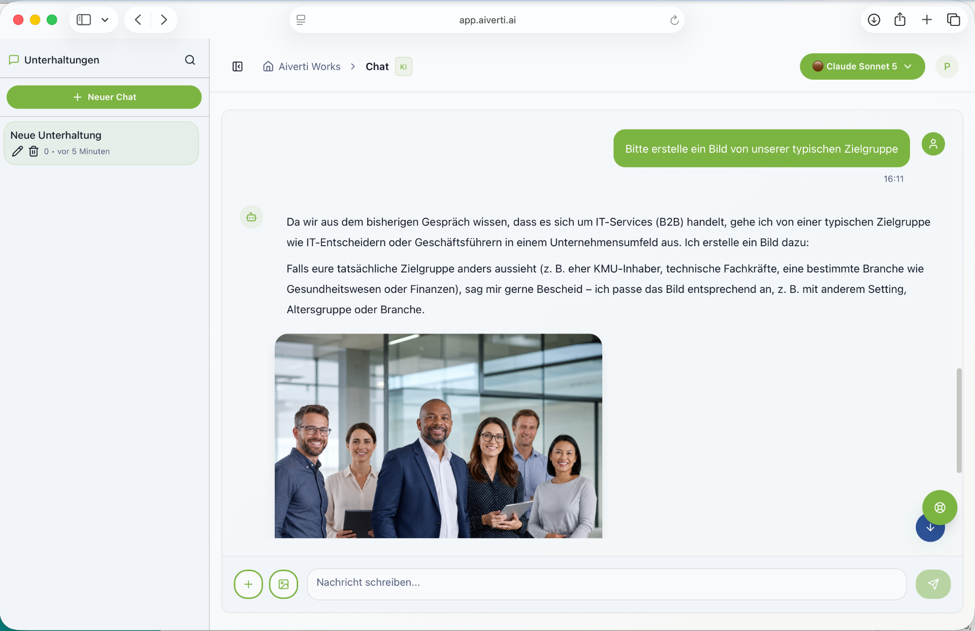 Aiverti AI generiert direkt im Chat ein Bild einer typischen Zielgruppe