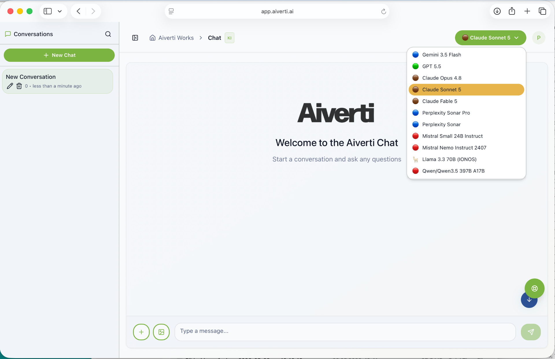 Aiverti AI model picker with Gemini, GPT, Claude, Perplexity, Mistral, Llama and Qwen