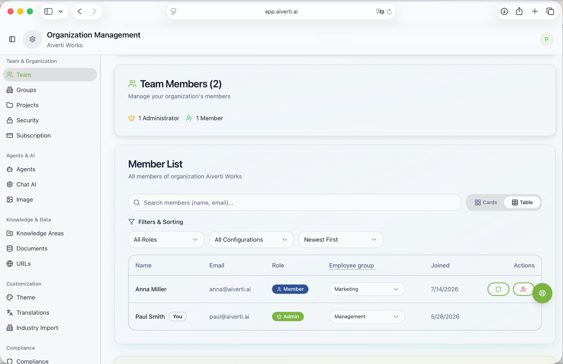 Aiverti AI team management with roles, employee groups and AI configurations
