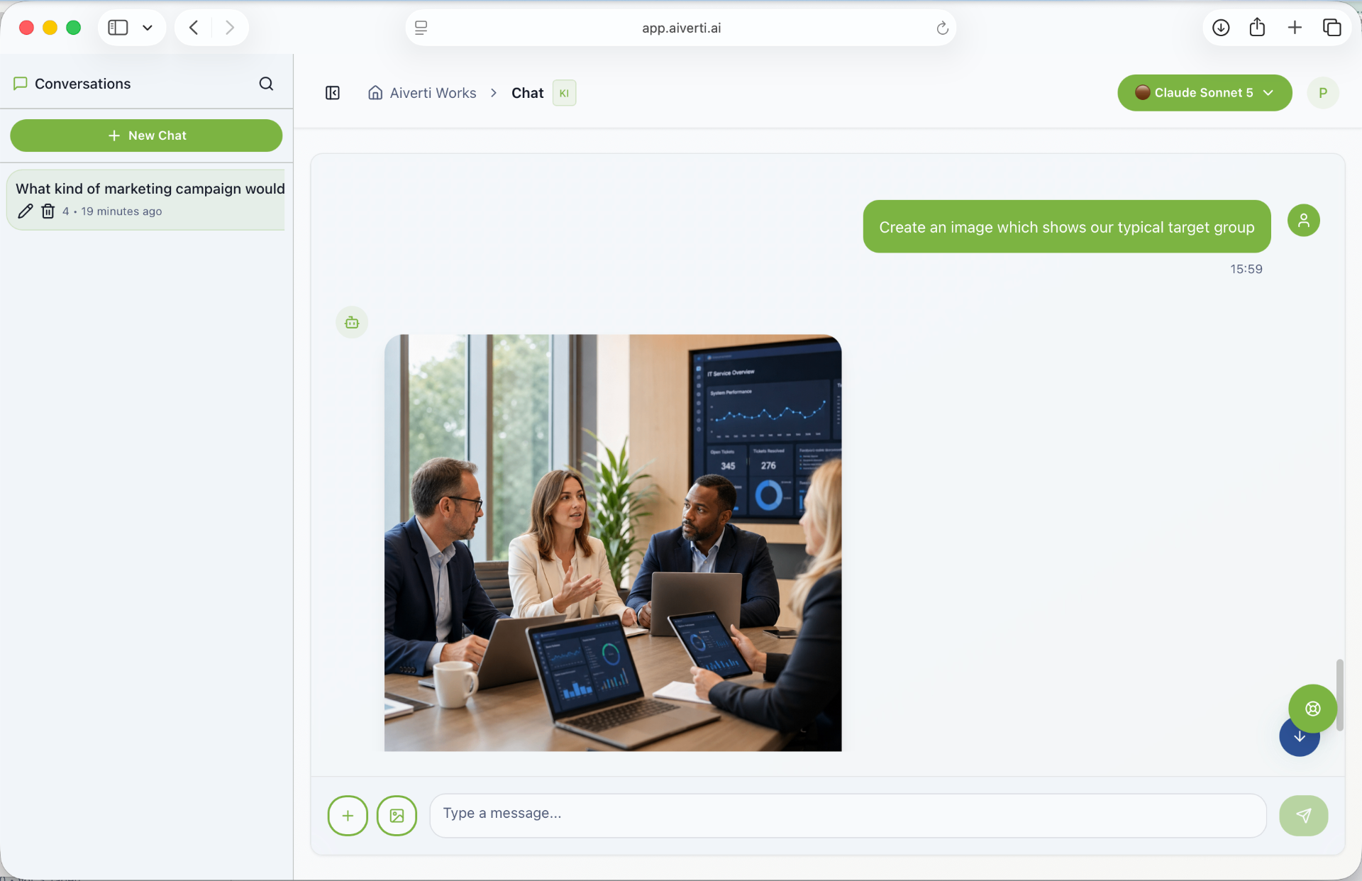 Aiverti AI generating an image of a typical target group directly inside the chat