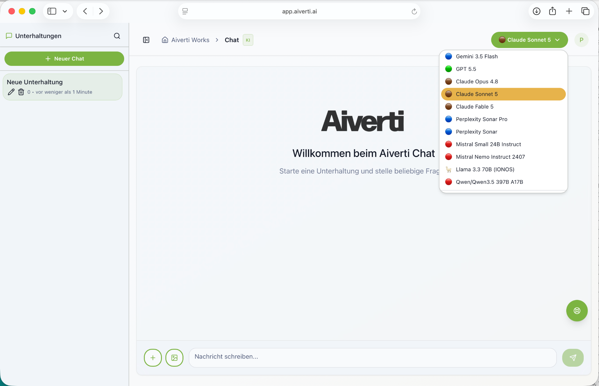Aiverti AI Modellauswahl mit Gemini, GPT, Claude, Perplexity, Mistral, Llama und Qwen