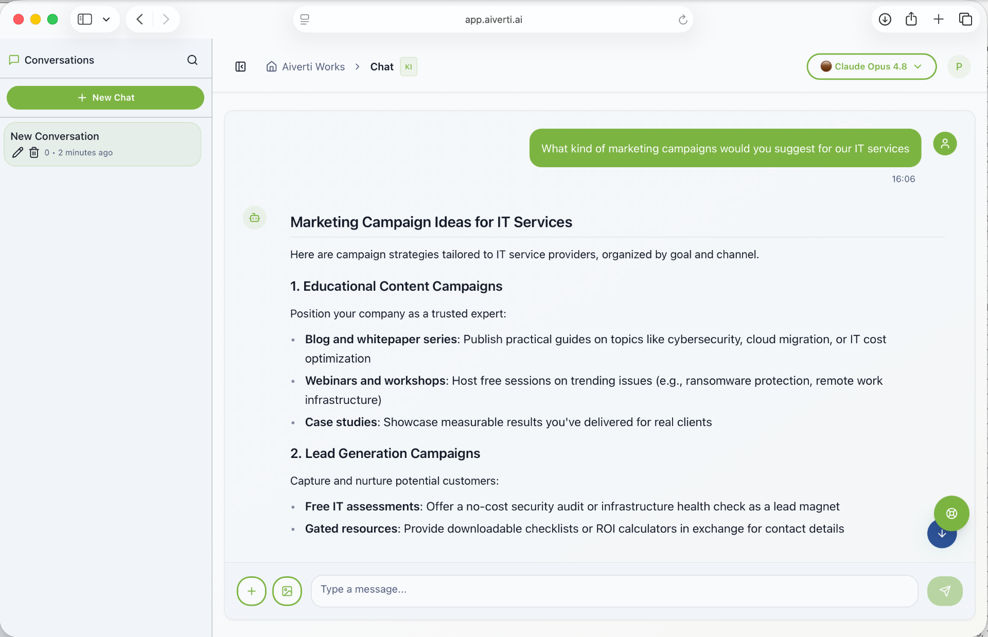 Aiverti AI chat response with structured marketing campaign suggestions