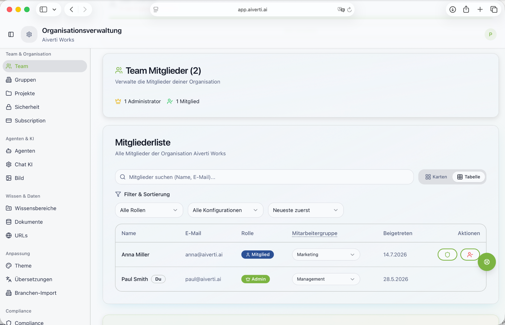 Aiverti AI Team-Verwaltung mit Rollen, Mitarbeitergruppen und KI-Konfigurationen