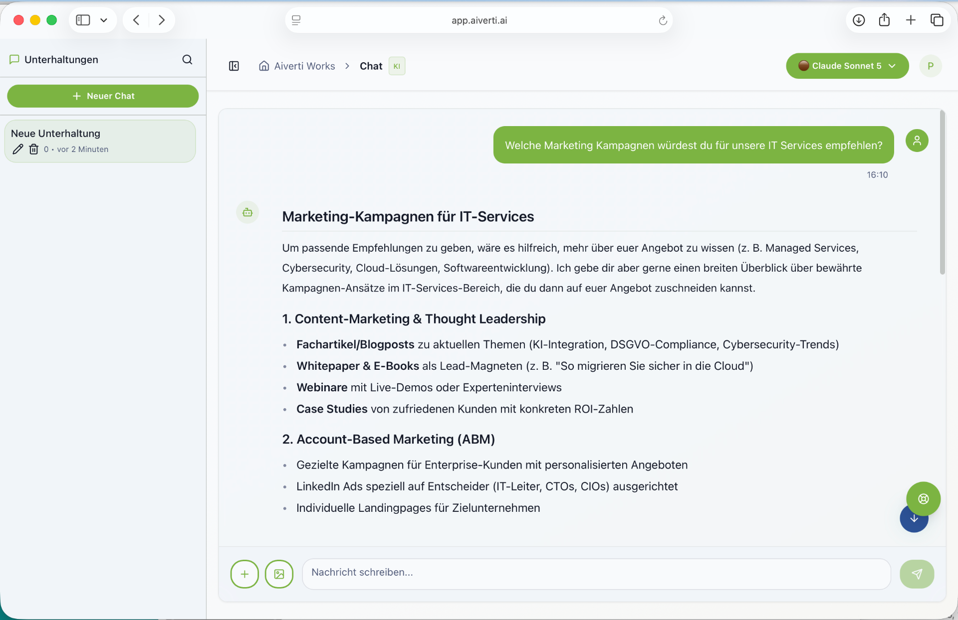 Aiverti AI Chatantwort mit strukturierten Marketing-Kampagnen-Vorschlägen